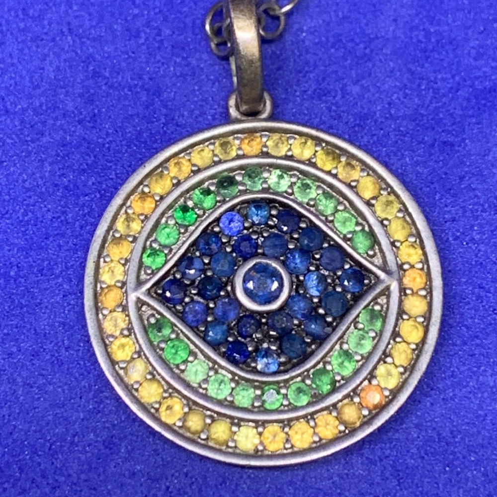 Stunning Multicolored Sapphire Evil Eye Sterling Silver Necklace Boho Festival